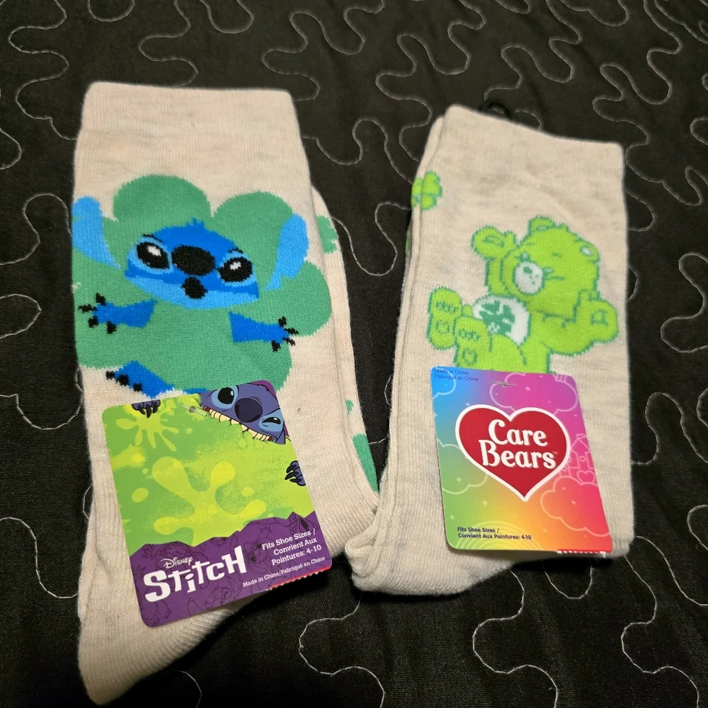 Care Bears Stitch Womens St Patricks Day Lucky Crew Socks 2 Pair NWT Size 4-10